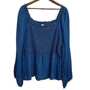 Old Navy blouse womens XXL blue chambray peplum smocked peasant cottagecore boho
